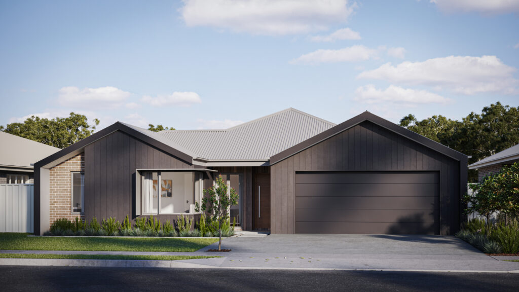 black scandi-barn style house with street and trees