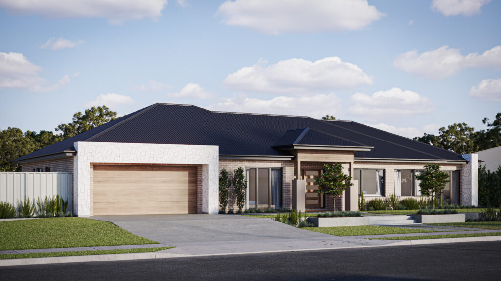 Modern house with black roof, white cladding and timber features. Driveway and garden