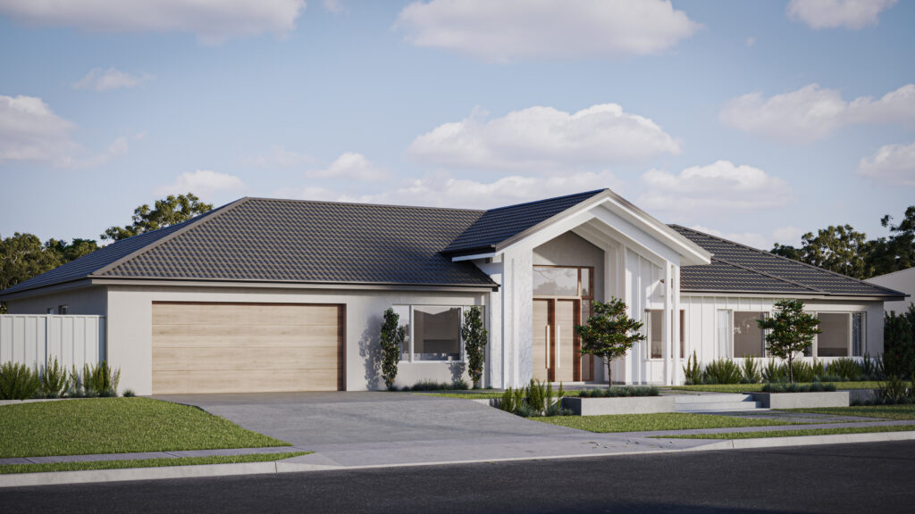 Modern white house with a grey roof and timber features. Driveway and garden.