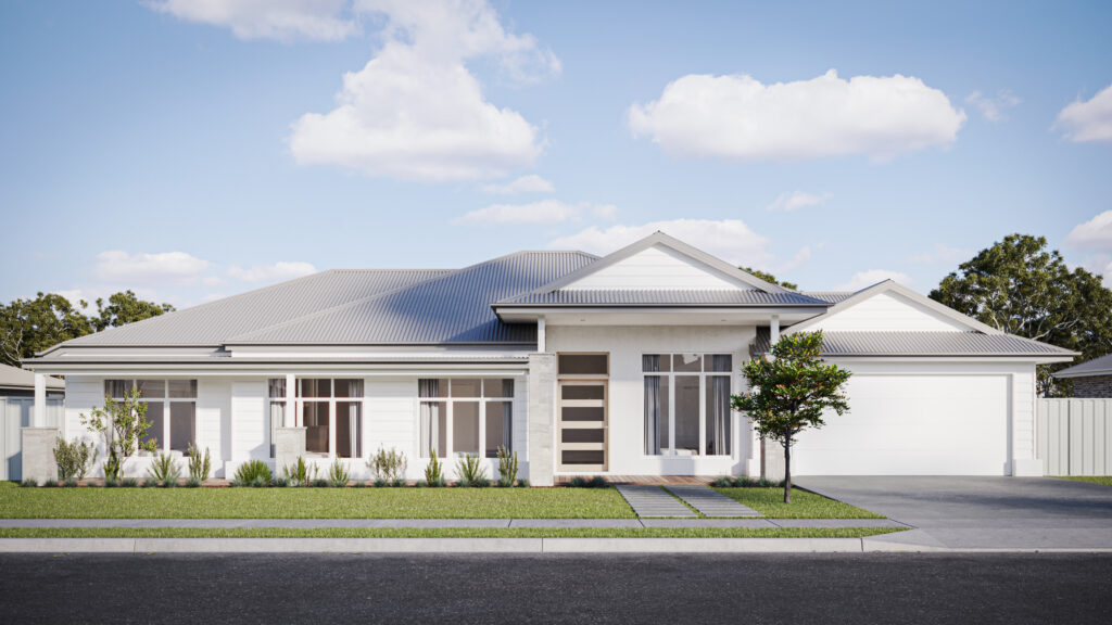 Large white house with grey roo and large windows. Large driveway and garden