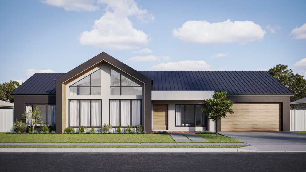 Scandinavian barn style house with black roof, large windows and timber features