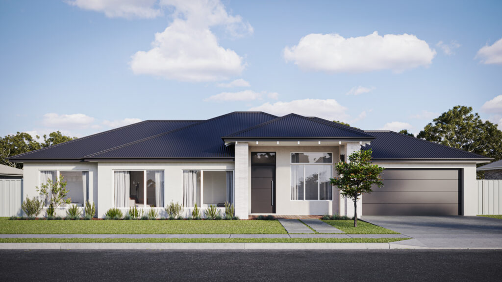 Large white house with black roof. Paved driveway and green garden