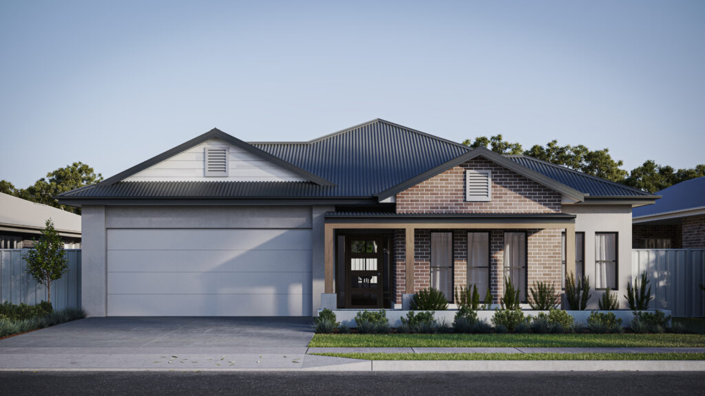 Brick house with grey cladding and a black roof