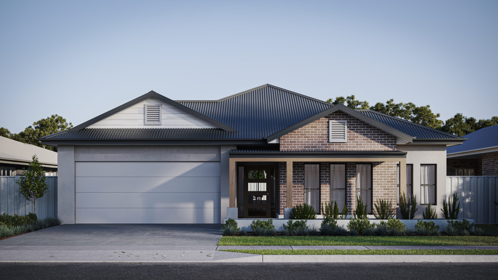 Brick house with grey cladding and a black roof