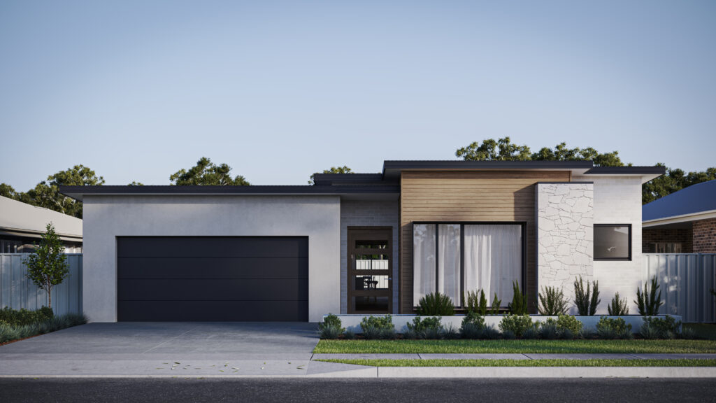 flat roof house with greg and black cladding with trees in the garden