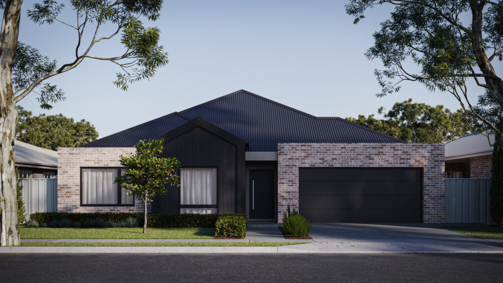 brick house with a black roof with trees in the garden