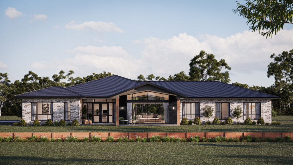 Brick style home with dark grey roof and a big garden.