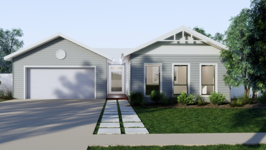 light grey and white house with a path in the garden