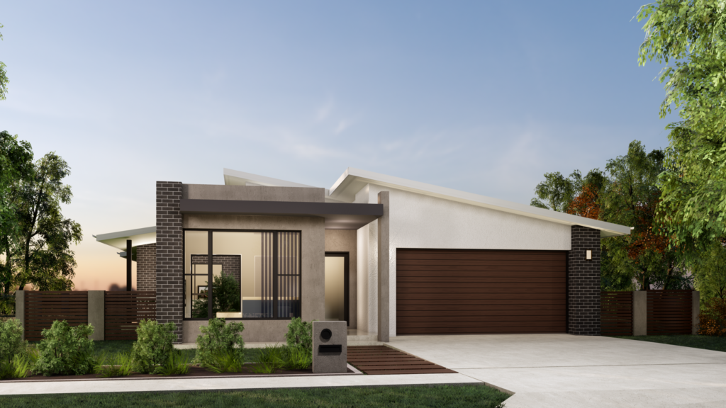 architecturally designed home with grey and white cladding and brick highlights