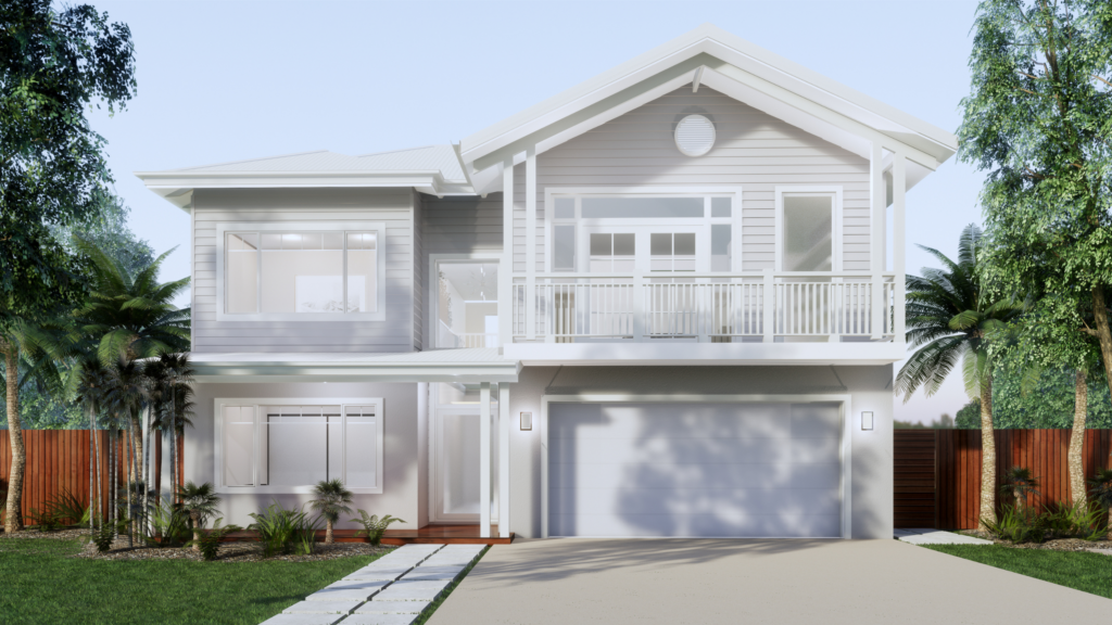 Two storey white house with balcony. Large driveway, trees and green grass