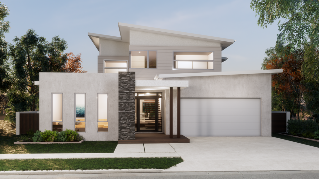 Two storey white house with brick features. Large driveway and green grass