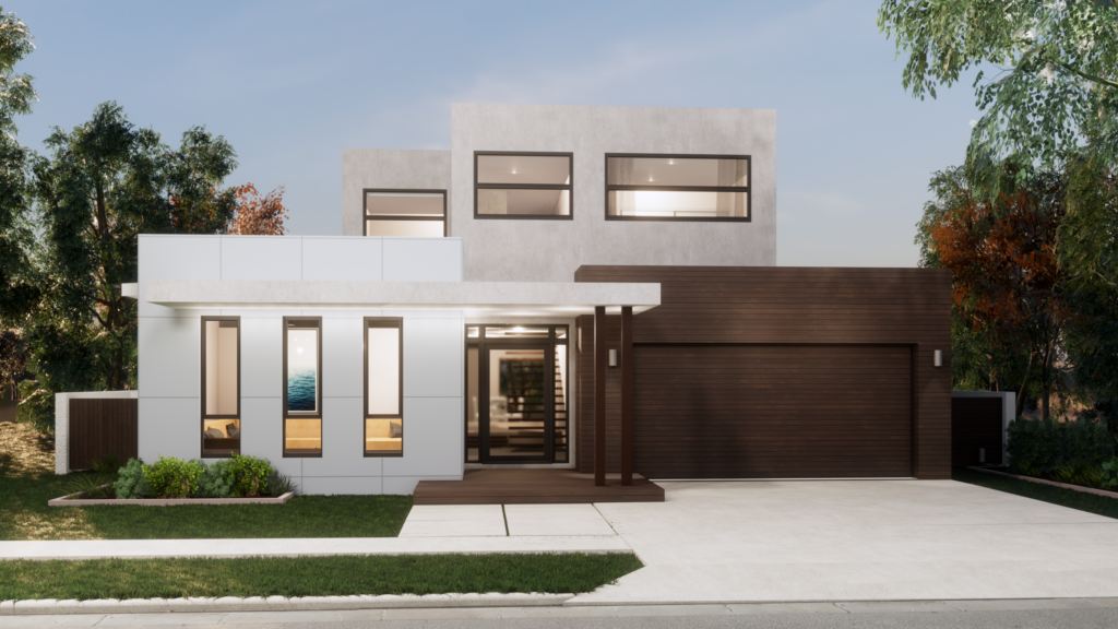Large two storey white and brown house. Driveway, trees and garden