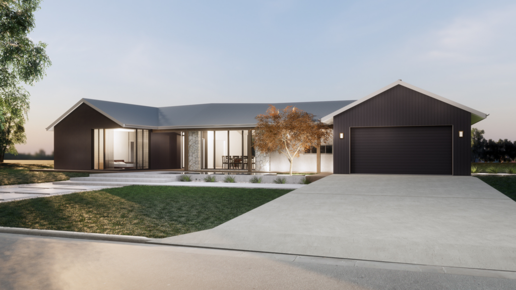 Large black home with a grey roof and large windows. Big driveway and green garden
