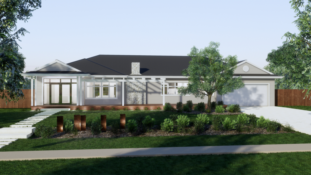 Large acreage style white house with a dark grey roof and garden with lots of plants.