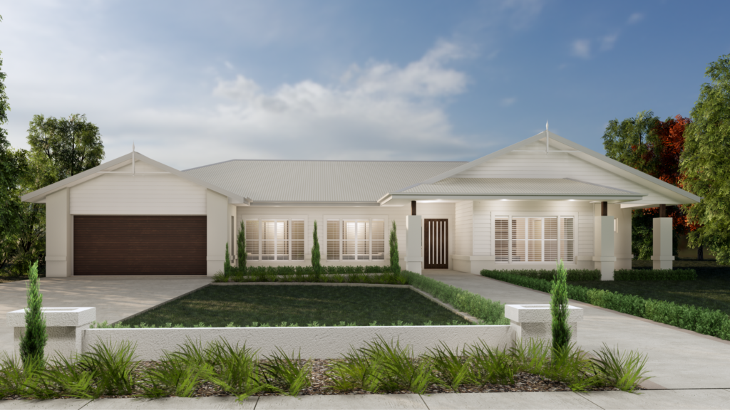 Large acreage style white house with brown garage. Beautiful garden.
