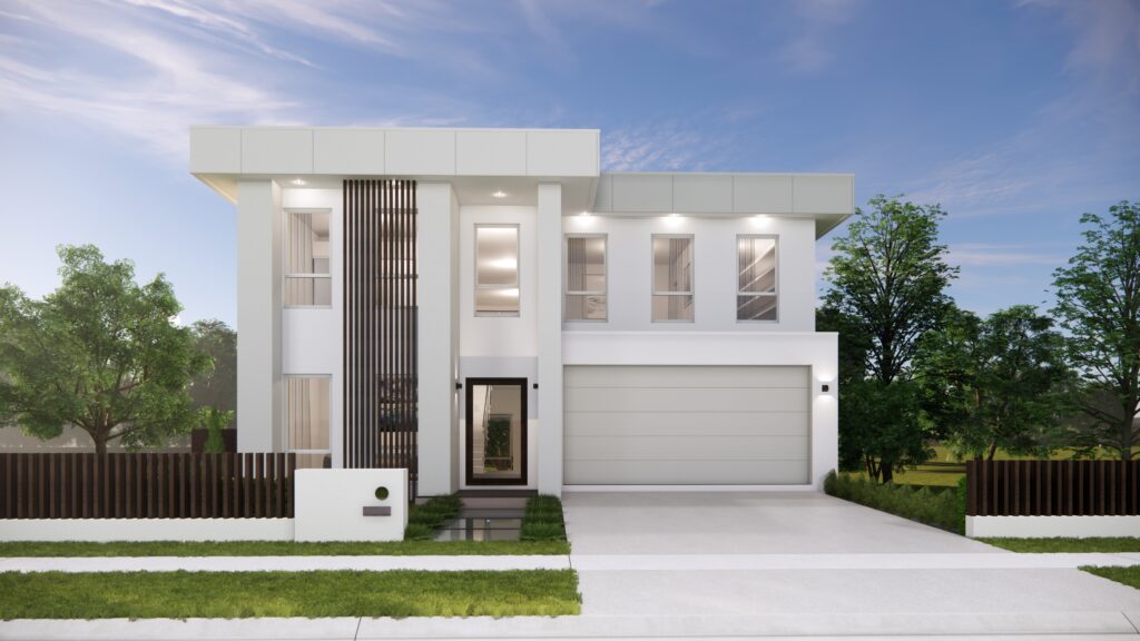 Two storey, flat roof, white house with a large drive way and green grass
