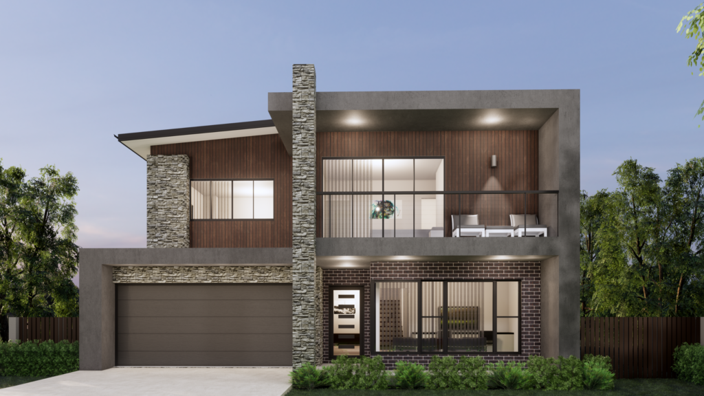 Large brown two storey house with a big balcony and brick features. Driveway, trees and garden