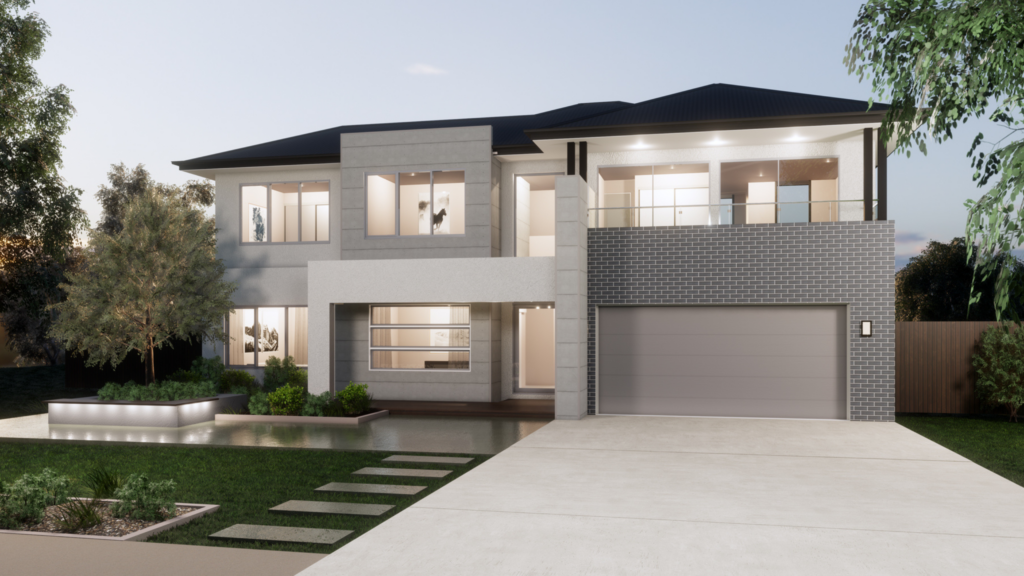 Large two storey grey house with a black roof. Large driveway with garden and trees.
