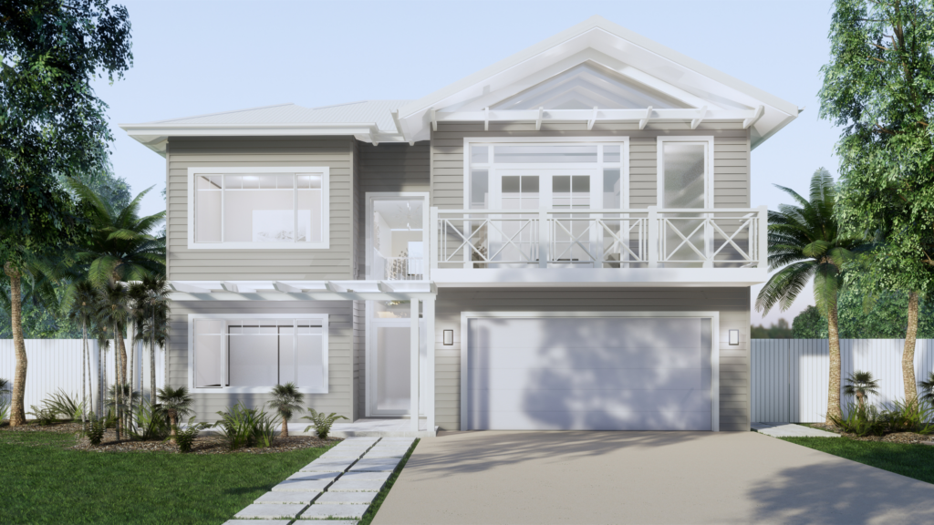 Two storey white house with balcony. Large driveway with trees and green grass