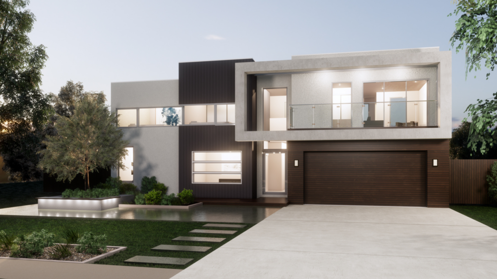 Large two storey, white and brown house with a balcony